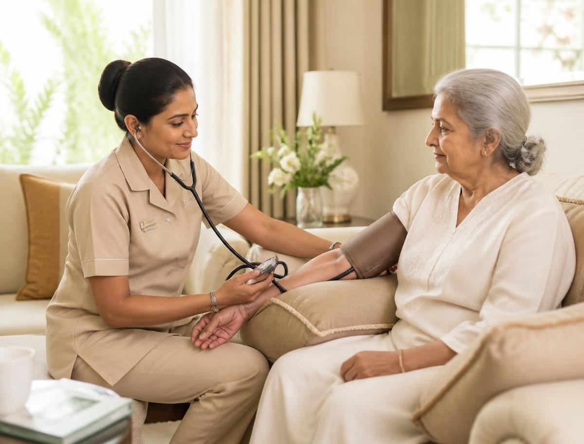 Home nurse checking an elderly patient's vitals