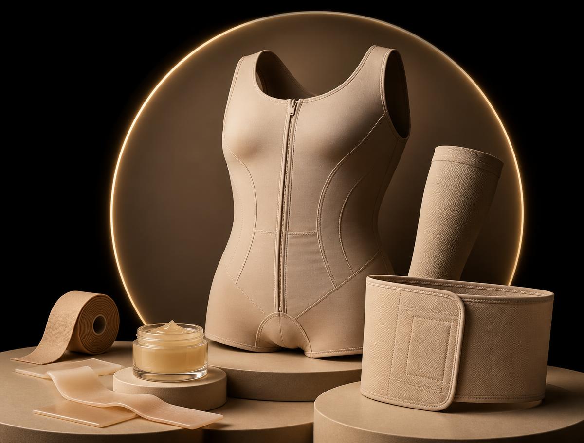 Post-surgical compression garments and scar care products